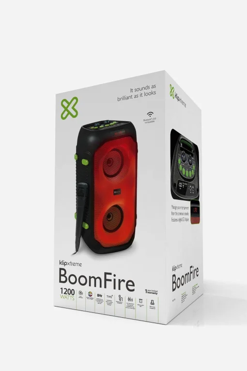 Cod. 241 Parlante Klip Xtreme BoomFire KLS-100 / 1200 Watts (RMS 80W) / 2x bajos 4&quot; / TWS, Bluetooth® V5.0 / Bat. litio 4000mAh / Luces LED flameantes multicolor