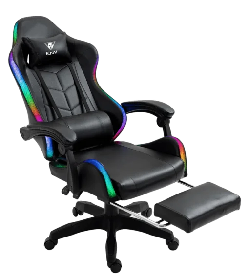 Cod. 1174 Silla Gamer ENV ThroneX Black / Iluminaci&oacute;n RGB + Altavoces / Almohada cabeza y zona lumbar / Rotaci&oacute;n 360&deg; / &nbsp;Reposapi&eacute;s retr&aacute;ctil