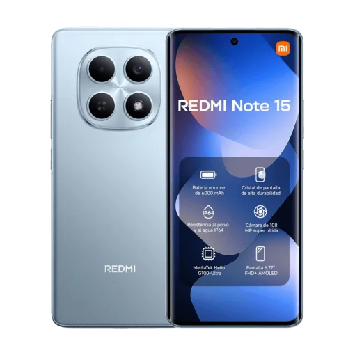 Cod. 345 Xiaomi Redmi Note 15 / 256GB ALM / 8GB RAM / Helio G100-Ultra / 6.77" FHD+ AMOLED 120Hz / Cam. 108MP + 20MP Frontal / Android 15 / Dolby Atmos&reg;, Hi-Res / Bat. 6.000 mAh / IP64 / Azul Glaciar