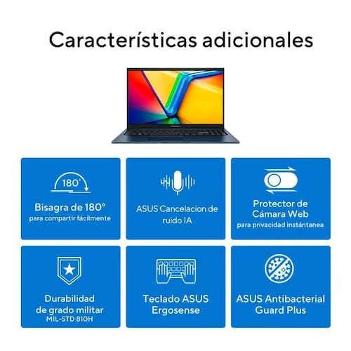 Cod. 1766 Kit ASUS VivoBook 15 X1504V / Intel® Core™ i3-1315U 13va. Gen (10MB caché, hasta 4,4 GHz) / 8GB / 512GB NVMe™ SSD / 15.6&quot; FHD / Sin Sistema (OS) / Wi-Fi 6E&amp; BT 5.3 / Teclado Español alfanumérico / Quiet Blue + Mochila + Mouse Asus