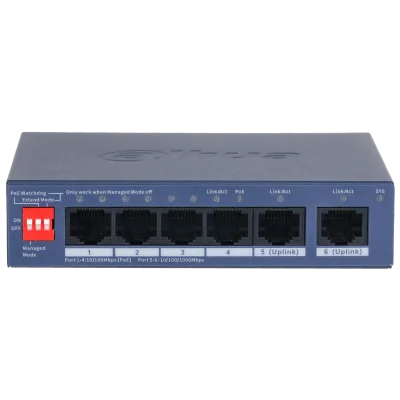 Cod. 141 Switch PoE DAHUA DH-CS4006-4ET2GT-36 / 4*Puertos PoE (36W) + 2*Uplink Gigabit / Hasta 250m / Gesti&oacute;n Cloud: DoLynk Care / Protecci&oacute;n Antirrayos / Capa 2 / Carcasa Met&aacute;lica
