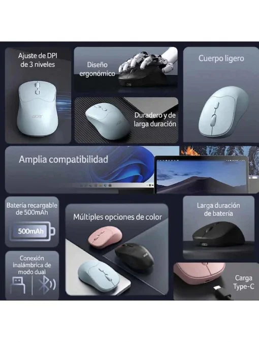 Cod. 297 Mouse Inal&aacute;mbrico ACER OMR268 PK / Dual (2.4G &amp; Bluetooth&reg; 5.2) / 1600 DPI / 4 botones / Dise&ntilde;o Ergon&oacute;mico / Bat. Recargable (500mAh)