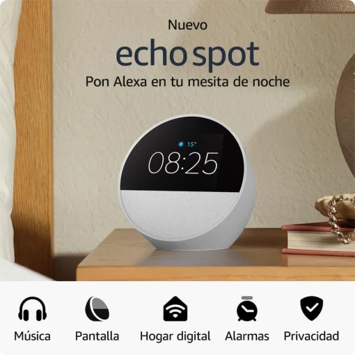 Cod. 230 Amazon Echo Spot Despertador Smart con Alexa / pantalla táctil 2.83&quot; con Reloj personalizable / Parlante 1.73” (sonido vibrante) / Wifi / Bluetooth / Color Blanco Glaciar