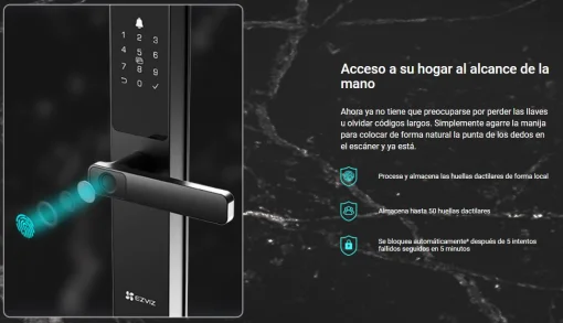 Cod. 1036 Cerradura Smart Ezviz DL05 / Wi-Fi / Desbloqueos: remoto con APP, Huellas dactilares, Tecl. num&eacute;rico, C&oacute;digos temporales / Bloqueo autom&aacute;tico, Seguridad P/Ni&ntilde;os / Alarma antimanipulaci&oacute;n / Controles con App, Verificaci&oacute;n y alertas de estados / T