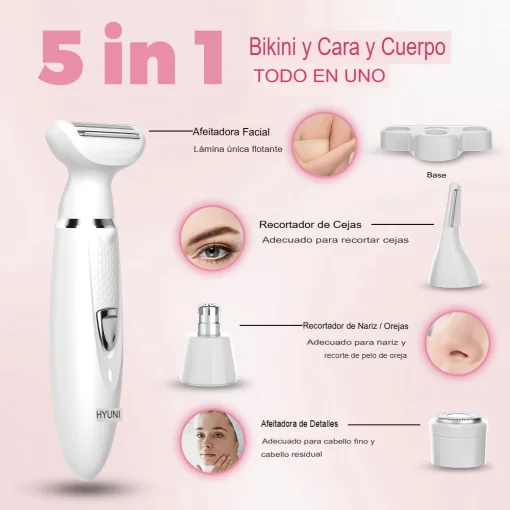 Cod. 1049 Set de depilación femenina Hyundai PHT-089 4en1 (afeitadora facial, de cejas, nariz y cuerpo, recortadora de bikini) 5W / Carga USB 1.5h, uso 90min. / Bat. 500mAh / Impermeable (IPX5)