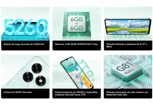 Cod.325 HONOR X5c Plus / 256GB Rom / (4+4)GB&nbsp; / Dual SIM / 6.74" HD+ 90Hz / Cam. Dual 50MP + 5MP Frontal / MagicOS 9 (Android 15) / Bater&iacute;a 5.260 mAh / Negro Medianoche
