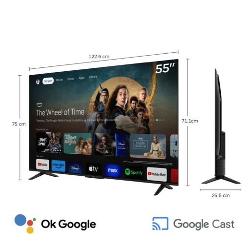 Cod. 117 Smart TV TCL 55&quot; 4K 55P6K HDR 10+ MEMC / Google TV / AiPQ / Dynamic Color / Bisel Metálico / Panel HVA / HDMI 2.1, USB 3.0 / WiFi 5 &amp; BT5.2 / Dolby audio 10W*2 / Google Cast / Control remoto por voz