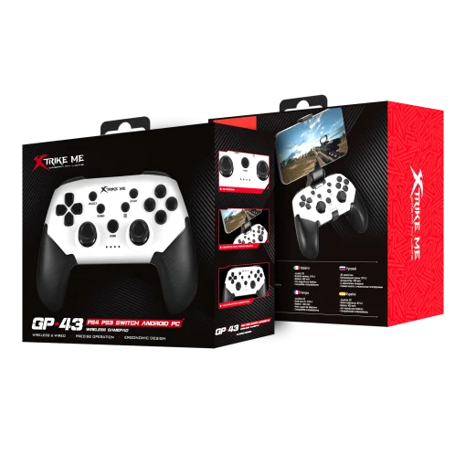 Cod. 074 Control de juegos Xtrike Me GP-43 Wireless &amp; Cableado / Batería 400mAh (5 horas) / 20 botones / Clip P/teléfono / Compatible: PS4/PS3/N-switch/IOS13.0+/Android. cable: PC D-input y X-Input/IOS13.0