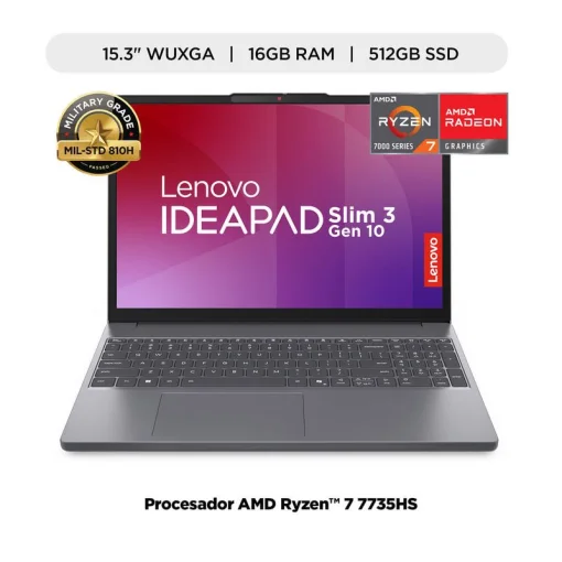 Cod. 1784 LENOVO IdeaPad Slim 3 15ARP10 / AMD Ryzen&trade; 7 7735HS (8 n&uacute;cleos/16 subprocesos, hasta 4,7 GHz) / 16GB DDR5 / 512GB PCIe&reg; 4.0x4 NVMe&reg; SSD&nbsp;/ 15.3" WUXGA (1920 x 1200), IPS /&nbsp;Sin Sistema (OS)&nbsp;/ Wi-Fi&reg; 6 2x2 + BT5.3 / Teclado Espa&ntilde;ol alfanum&eacute;rico / L