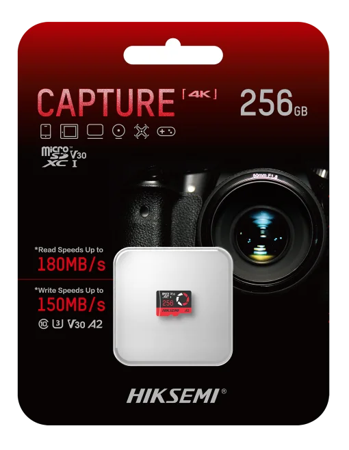 Cod. 246 Micro SD HIKSEMI Capture 4K clase 10 V30 256GB / Espacial P/Drones, Videojuegos, Cámaras Video grabación en 4K UHD / Lectura 180MB/s y escritura 150MB/s