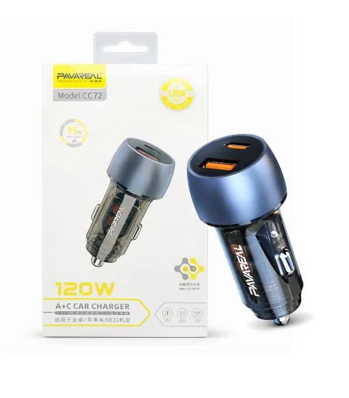 Cod. 268 Cargador P/Auto Pavareal CC72 120W Dual (Carga r&aacute;pida) / 2*Puertos PD+QC (USB-A + USB-C)