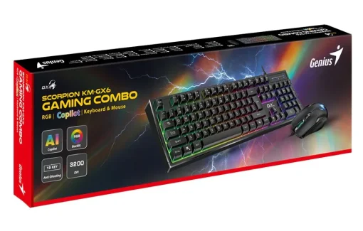 Cod. G:277 Kit Genius Scorpion KM-GX6 / Teclado + Mouse / USB / Teclas tipo mecánico / Tecla AI Copilot / iluminación RGB 7 colores / 19 Anti-Ghosting / Diseño resistente a derrames / 1200-3600DPI / Español