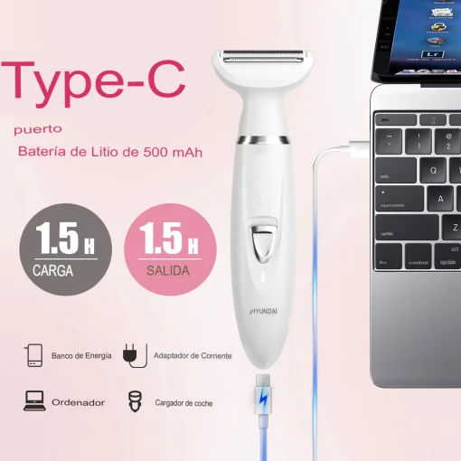 Cod. 1049 Set de depilación femenina Hyundai PHT-089 4en1 (afeitadora facial, de cejas, nariz y cuerpo, recortadora de bikini) 5W / Carga USB 1.5h, uso 90min. / Bat. 500mAh / Impermeable (IPX5)