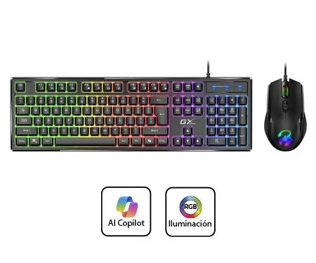Cod. G:277 Kit Genius Scorpion KM-GX6 / Teclado + Mouse / USB / Teclas tipo mecánico / Tecla AI Copilot / iluminación RGB 7 colores / 19 Anti-Ghosting / Diseño resistente a derrames / 1200-3600DPI / Español