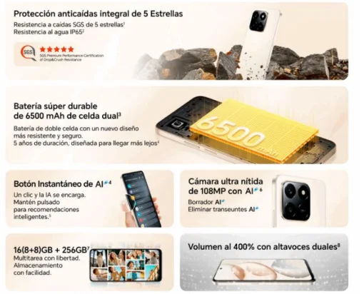 Cod. 327 HONOR X7d / 256GB Rom / 8GB Ram / LTE (Dual SIM) / 6.77" HD+ 120 Hz / Cam. 108MP con AI, 8MP Frontal / MagicOS 9 (Android 15) / Bot&oacute;n AI / Resistencia al agua IP65 y caidas SGS / Bat. celda dual 6.500 mAh / Azul Cian>