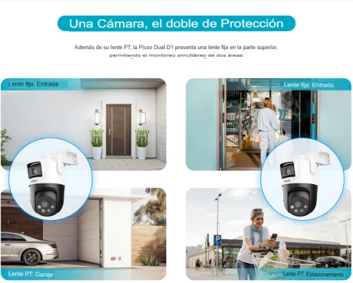 Cod. 371 Cámara Smart Exterior 360° DAHUA Picoo Dual 2K D1 3MP+3MP / Wi-Fi 6 / Vista Nocturna Dual Ligth (40m IR) / Detección humana/vehículo IA / 6*modos patrulla / Alarma (Luz y sonido) / Seg. automát. / Audio bidireccional / Soporta microSD (hasta 256G