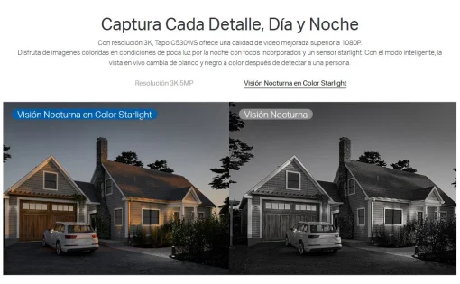 Cod. 410 C&aacute;mara Smart TP-Link Tapo C530WS 3K 5MP 360&ordm; P/Exterior / Visi&oacute;n Nocturna Color Starlight / Detecci&oacute;n Smart-AI (pers. masc. veh. L&iacute;nea) seg. movimiento / Audio bidireccional / Alarma de Luz y sonido&nbsp;Personalizable / Soporta microSD 512GB / Compat