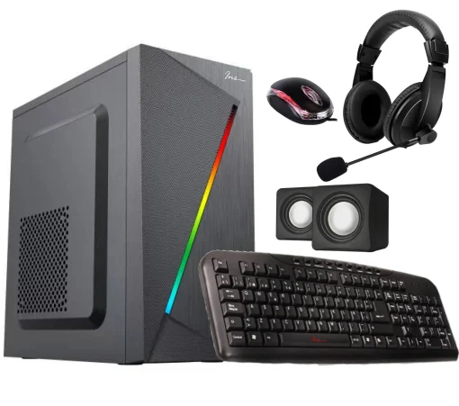 COD. 407 Combo case INS CA-054 Black / 1*USB3.0 + 2*USB 2.0 / panel frontal tira LED RGB (14 modos) / ATX / Teclado multimedia USB / Parlantes / Mouse USB / Fuente 950W + Headphone 750