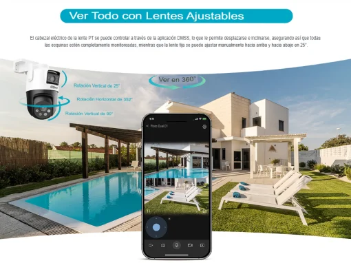 Cod. 371 Cámara Smart Exterior 360° DAHUA Picoo Dual 2K D1 3MP+3MP / Wi-Fi 6 / Vista Nocturna Dual Ligth (40m IR) / Detección humana/vehículo IA / 6*modos patrulla / Alarma (Luz y sonido) / Seg. automát. / Audio bidireccional / Soporta microSD (hasta 256G