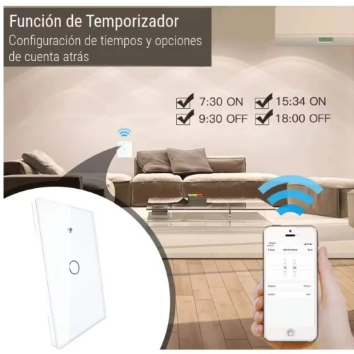 Cod. 888 Interruptor de pared Smart WIFI WHC05 WH / 1 botón táctil / No requiere Neutro / Control por APP / compatible con Alexa, Google Home / Dim.: 120*72*7mm / blanco