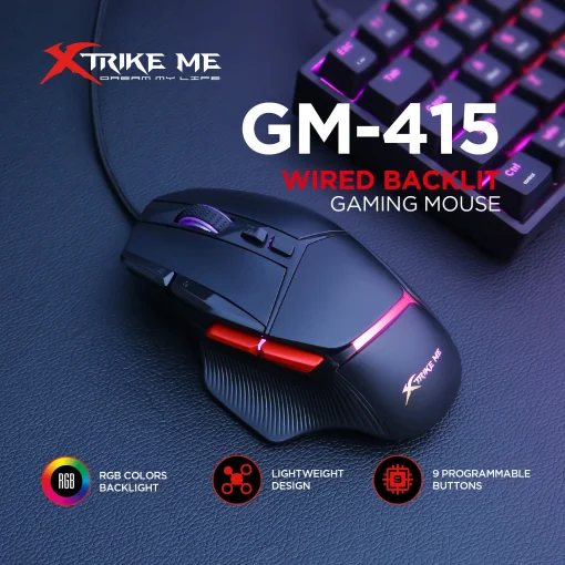 Cod. GX:250 Mouse XTRIKE-ME GM-415 / 8000 DPI / Ilum RGB (efectos dinámicos) / USB, Cable trenzado 1.6 m / 9 botones Programables
