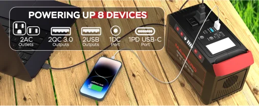 Cod. 179 Banco de Energía MARBERO 300W, 237Wh/64 000mAh, P/laptop: 2*Tomas AC 110V / 1*puerto DC / 4*puertos USB-A (2*QC 3.0 carga rápida + 2*5V/3.1A) / 1*USB-C 18W / 2*Linternas LED / Peso 4.6 lbs