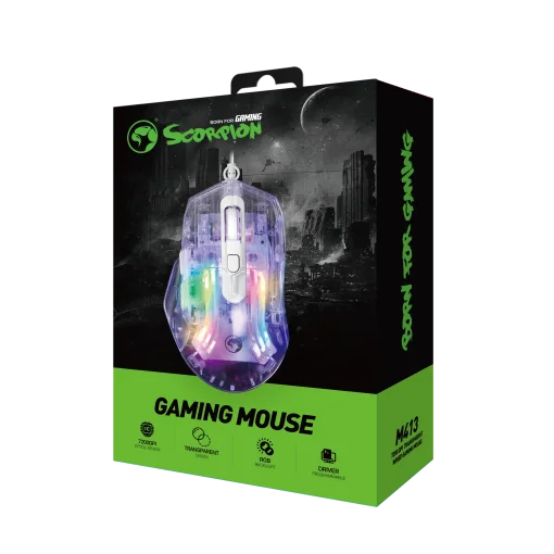 Cod. GM:234 Mouse MARVO M413 Transparente / 7200DPI / Iluminación RGB dinámicos / Silencioso / 6 Botones drive programables / USB Cable 1.5 m