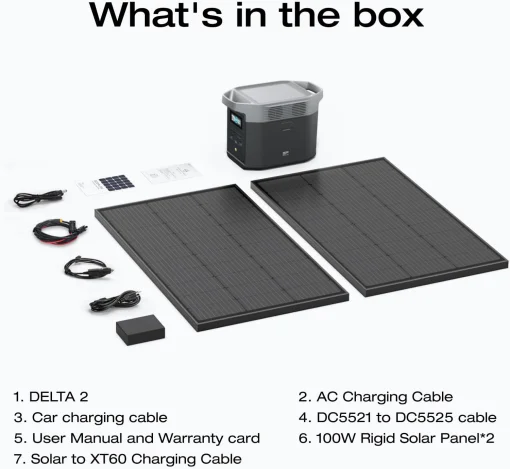 Cod. 220 Estación de energía portátil EF ECOFLOW DELTA 2 &amp; 2*paneles solares 100 W y 12V/ bat. LiFePO4 1024 Wh / salida: 1800W / Salida (AC 110V*6, USB-A 5V/2.4A*2, USB-A 18W*2, USB-C 100W*2, CAR 12V/10A*1, DC 12V/3A*2) Carga rápida 80 min