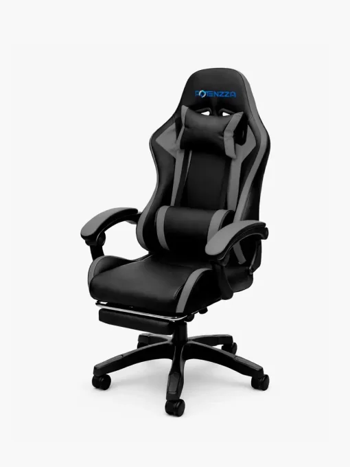 Cod. 1203 Silla Gamer Potenzza Black/Grey / Almohada cabeza y zona lumbar / reclinable 120&ordm; / Rotaci&oacute;n 360&deg; / Reposapi&eacute;s retr&aacute;ctil