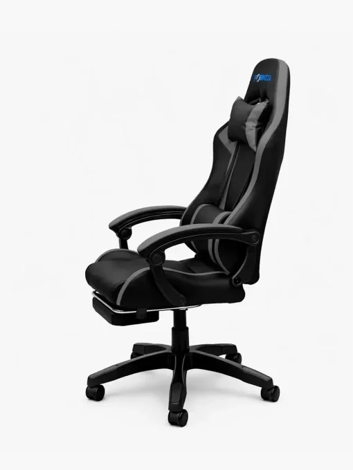 Cod. 1203 Silla Gamer Potenzza Black/Grey / Almohada cabeza y zona lumbar / reclinable 120&ordm; / Rotaci&oacute;n 360&deg; / Reposapi&eacute;s retr&aacute;ctil