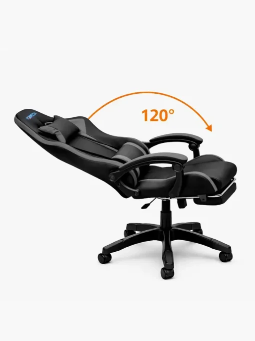 Cod. 1203 Silla Gamer Potenzza Black/Grey / Almohada cabeza y zona lumbar / reclinable 120&ordm; / Rotaci&oacute;n 360&deg; / Reposapi&eacute;s retr&aacute;ctil