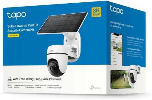 Cod. 413 Kit C&aacute;mara TP-Link Tapo C630 360&deg; 3K 5MP &amp; panel solar / Captura Continua 24/7 / Visi&oacute;n Nocturna a Color / Detecci&oacute;n (pers. masc. veh.) &amp; Seg. por IA 360&deg; / Alarma: Sonido/Luz / Audio bidireccional / Soporta microSD(512GB) / Bat. recargable 6700