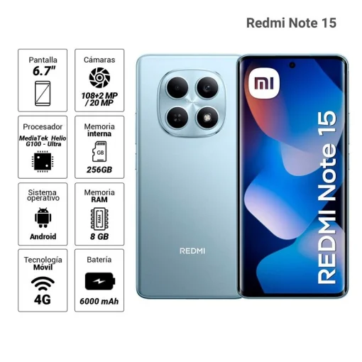 Cod. 345 Xiaomi Redmi Note 15 / 256GB ALM / 8GB RAM / Helio G100-Ultra / 6.77" FHD+ AMOLED 120Hz / Cam. 108MP + 20MP Frontal / Android 15 / Dolby Atmos&reg;, Hi-Res / Bat. 6.000 mAh / IP64 / Azul Glaciar