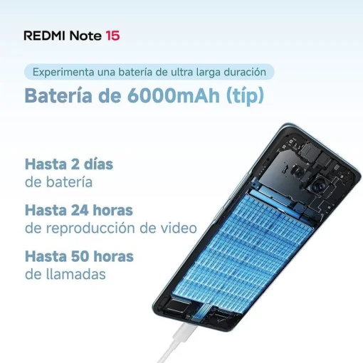 Cod. 345 Xiaomi Redmi Note 15 / 256GB ALM / 8GB RAM / Helio G100-Ultra / 6.77" FHD+ AMOLED 120Hz / Cam. 108MP + 20MP Frontal / Android 15 / Dolby Atmos&reg;, Hi-Res / Bat. 6.000 mAh / IP64 / Azul Glaciar