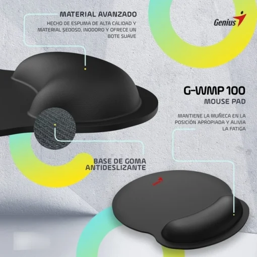Cod. 037 Mouse Pad con Apoyadera de gel Genius G-WMP 100 / tela y caucho / Dimenciones: 230mm*250mm*25mm / negro