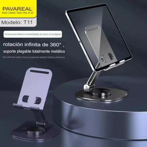 Cod. A:296  Soporte Pavareal T11 P/Celular y Tablet 4" hasta 13" / giratorio 360&deg; &amp; plegable / Material: aluminio / Gris