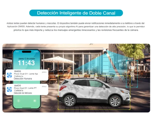 Cod. 371 Cámara Smart Exterior 360° DAHUA Picoo Dual 2K D1 3MP+3MP / Wi-Fi 6 / Vista Nocturna Dual Ligth (40m IR) / Detección humana/vehículo IA / 6*modos patrulla / Alarma (Luz y sonido) / Seg. automát. / Audio bidireccional / Soporta microSD (hasta 256G