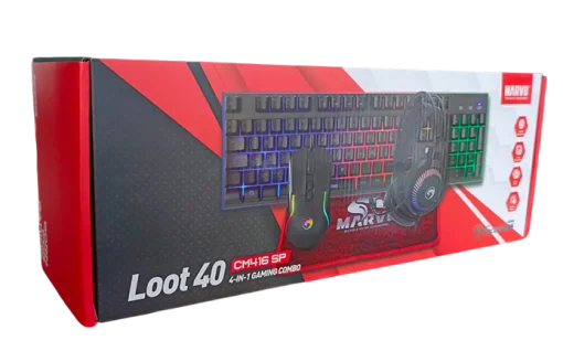 Cod. M:240  Kit 4 en 1 MARVO Loot40 SP (CM416) / iluminación RGB / Teclado Español 105 teclas + Mouse 8000DPI + Headphone Φ50mm + Mouse Pad antideslizante / interfaz: USB