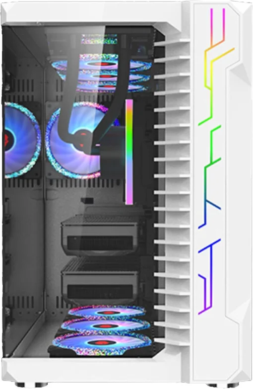Cod. 385 Kit Case GAMEKM CA-025 White / ATX / acero de aleación / lateral y frontal vidrio templado vista 270° / admite refrigeración líquida de 360°, luz LED ARGB / USB 3.0, USB 2.0, HD audio / sin fuente / Incluye P/Armar 4*fans ARGB 120mm + Controlador