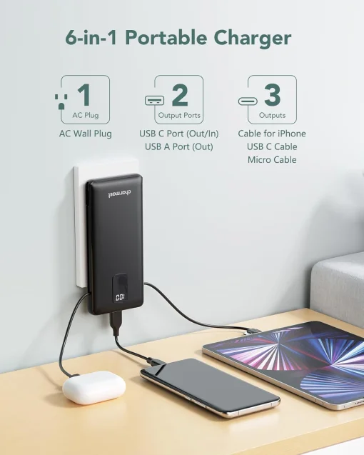 Cod. 254  Power Bank con cables integrados CHARMAST W1115 10.000 mAh / Puertos: 5*salidas, 2*entradas / Ultra Slim / pantalla LED / Compatible: iPhone 16/15/14/13, Samsung, iPad y m&aacute;s