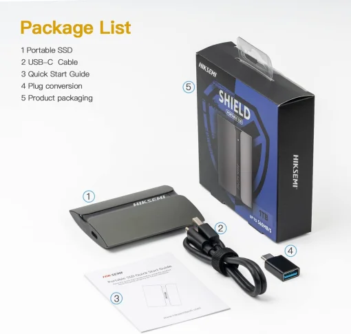 Cod. X:380 SSD Externo HIKSEMI SHIELD T300S 1TB / Interfaz USB 3.1 Tipo-C (compatible P/USB-A y Tipo-C OTG) / 560MB/s Read, 500MB/s Write / Material Aluminio