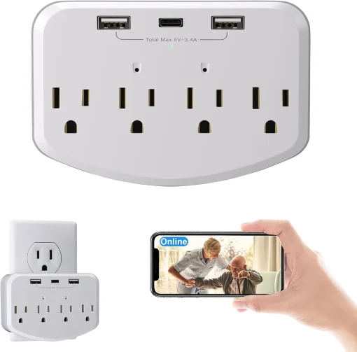 Cod. 413 Mini C&aacute;maras Kestanlora Full HD 1080p Wi-Fi / Formato en toma de pared / Det. Movimiento / Soporta: Micro SD / control con APP / 4*Enchufes CA + 2*USB-A + 1*USB-C (PD) 30W