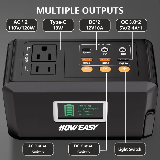 Cod.180 Banco de Energía HOWEASY 120W, 88WH/24 000mAh, P/laptop: 2*Tomas AC 110V / 2*puertos DC / 3*puertos USB-A (2*QC 3.0 carga rápida +1*5V/2.4A) / 1*USB-C 18W / Linterna LED / Peso 2.3 lbs