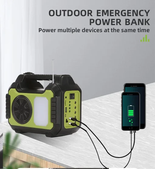 Cod. 224  Banco de Energía GDPLUS Bat. 48 Wh (13.000 mAh) + 1*Panel Solar + 4*Bombillas LED + 1*Cable cargador 5en1 / puertos: 2*USB-A, 5*DC / Función: Linterna LED, mp3, Radio FM, USB / Peso. 2 lbs