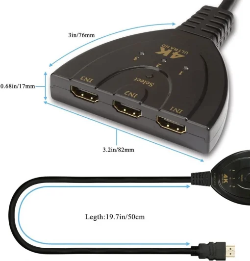 Cod. C:478 Conmutador HDMI 4K / 3 puertos HDMI Switcher a 1 HDMI / Soporta 4K 3, HD 1080P / Black
