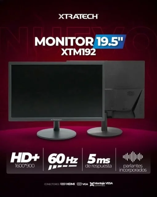 Cod. 137 Monitor XTRATECH XTM192 19.5" LED HD+ (1600x900) 60Hz / VGA / HDMI (incl.Cable) / parlantes integrados / Compatible montaje VESA (75mm)