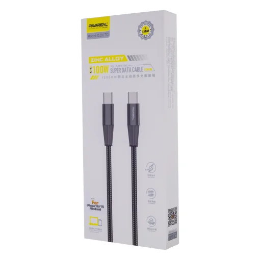 Cod. 270 Cable de Datos Pavareal Q10CTC USB-C a USB-C / 100W, PD27 W / 1.2 m / Cordon trenzado Negro