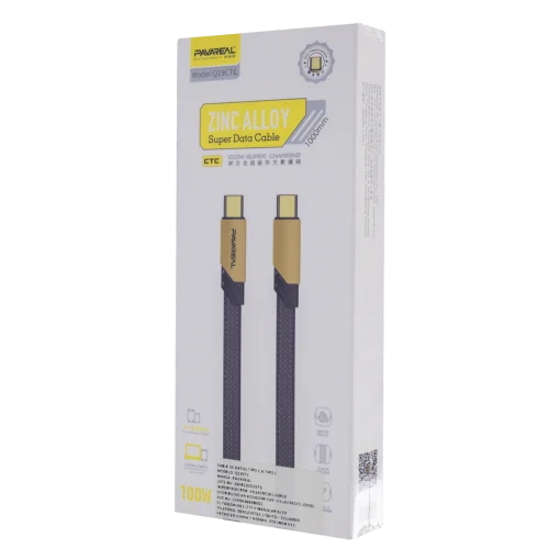 Cod. 271  Cable de Datos Pavareal Q19CTC USB-C a USB-C / 100W, PD27 W / 1 m / Trenzado plano Negro/Amarillo