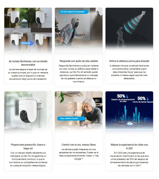 Cod. 395 C&aacute;mara Smart p/exterior 360&deg; Wi-Fi EZVIZ H8c Pro 4K (8MP) / Visi&oacute;n nocturna a color / IR (hasta 30mt.) / Detecci&oacute;n Personas/Veh&iacute;culos IA / Seg. Zoom autom&aacute;t. / Defensa activa / Audio bidireccional / IP66 / Soporta microSD (hasta 512GB) / compatib
