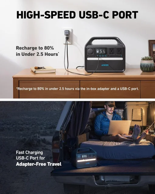 Cod. 208 Estación de energía portátil ANKER Solix 535, batería LiFePO4 de 512 Wh / 500 W / 4*tomas CA, 3*USB-A IQ, 1*USB-C PD 60 / carga rápida 2.5hr 80% / luz LED